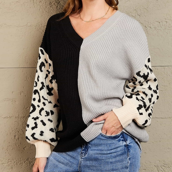 Melody Leopard Colorblock Sweater  - Gray - Picture 8 of 12
